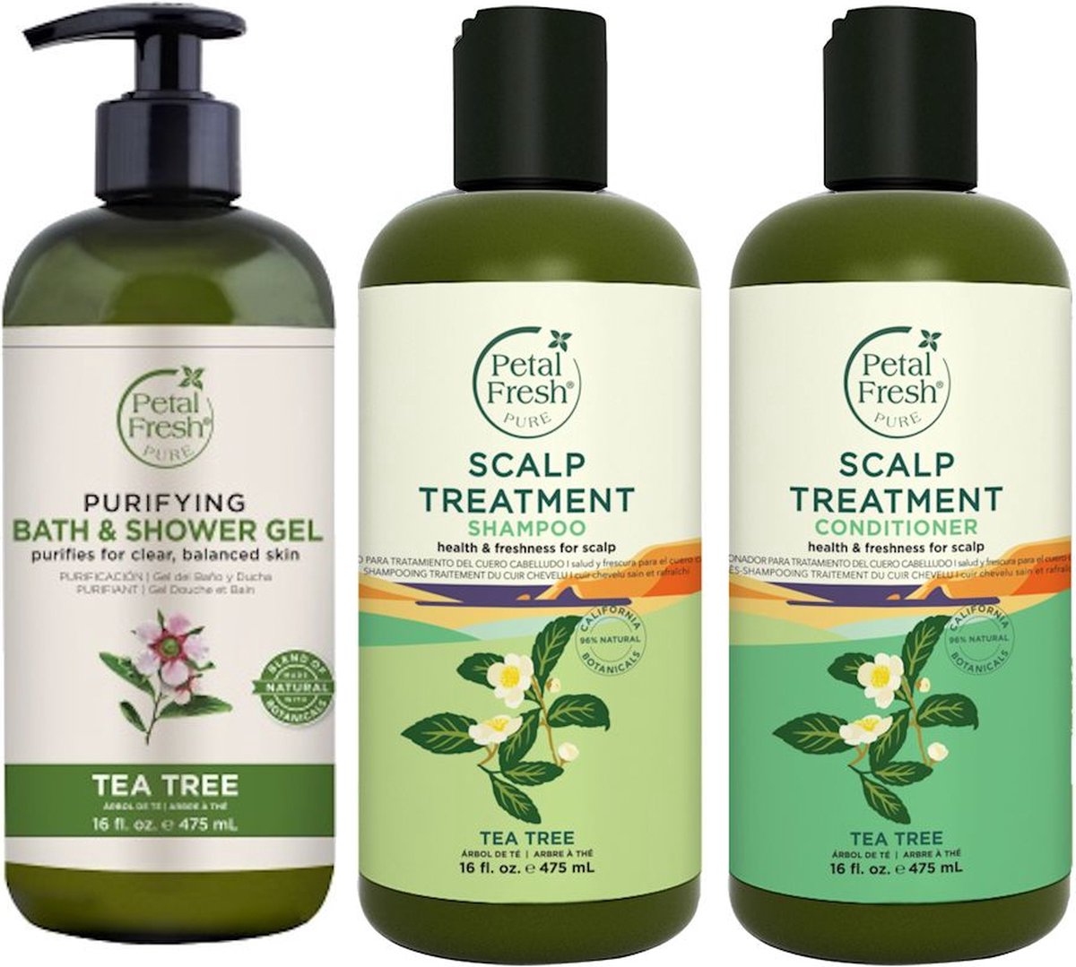 Goedkoopste PETAL FRESH - Tea Tree - Bath & Shower Gel Shampoo Conditioner - 3 Pak