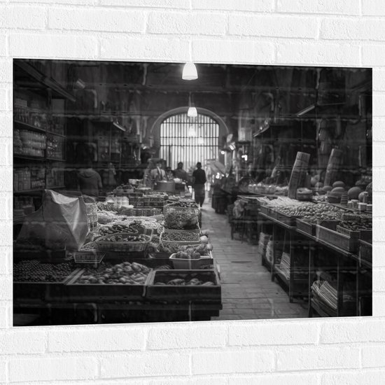 Muursticker - Markt - Eten - Zwart - Wit - 100x75 cm Foto op Muursticker