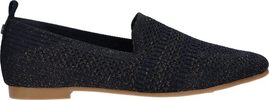 Donkerblauwe La Strada loafer met gebreide textuur en gouden glitterdetails.