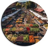 Dibond Muurcirkel - Markt - Eten - Groente - Fruit - Mensen- Kraampjes - 20x20 cm Foto op Aluminium Muurcirkel (met ophangsysteem)