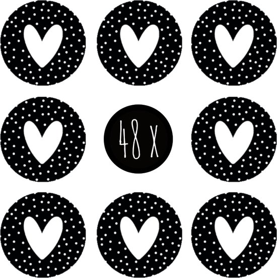 48x Sticker / Sluitsticker | HARTJE | 25 mm | zwart & wit | huwelijk / trouwfeest / trouwkaart