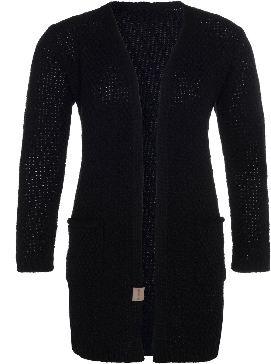Knit Factory Luna Gebreid Vest Zwart - Gebreide dames cardigan - Middellang vest reikend tot boven de knie - Zwart damesvest gemaakt uit 30% wol en 70% acryl - 36/38 - Met steekzakken