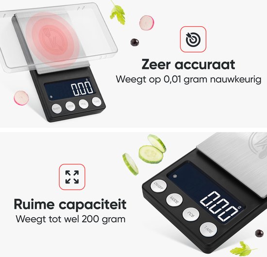 Balance numérique noire avec surface de pesée argentée. Affiche '0.00' et a une capacité allant jusqu'à 200 grammes. Précis à 0,01 gramme.