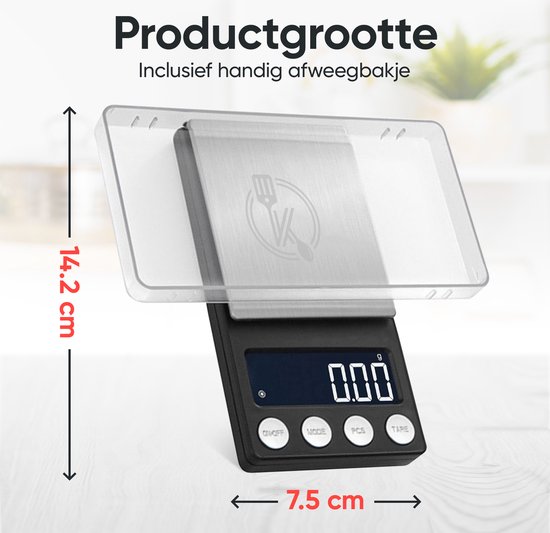Balance numérique noire avec surface de pesée argentée et capot de protection transparent. Dimensions 14,2 cm de haut et 7,5 cm de large.