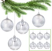 Zilveren kerstboomballen met glitters, set kunststof kerstballen, kerstboomversiering 8 cm, 6 st.