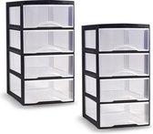 PlasticForte ladeblokje/bureau organizer - 2x - 4 lades - transparant/zwart - L26 x B36 x H49 cm