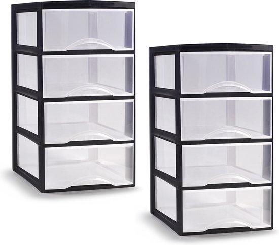 PlasticForte ladeblokje/bureau organizer - 2x - 4 lades - transparant/zwart - L26 x B36 x H49 cm
