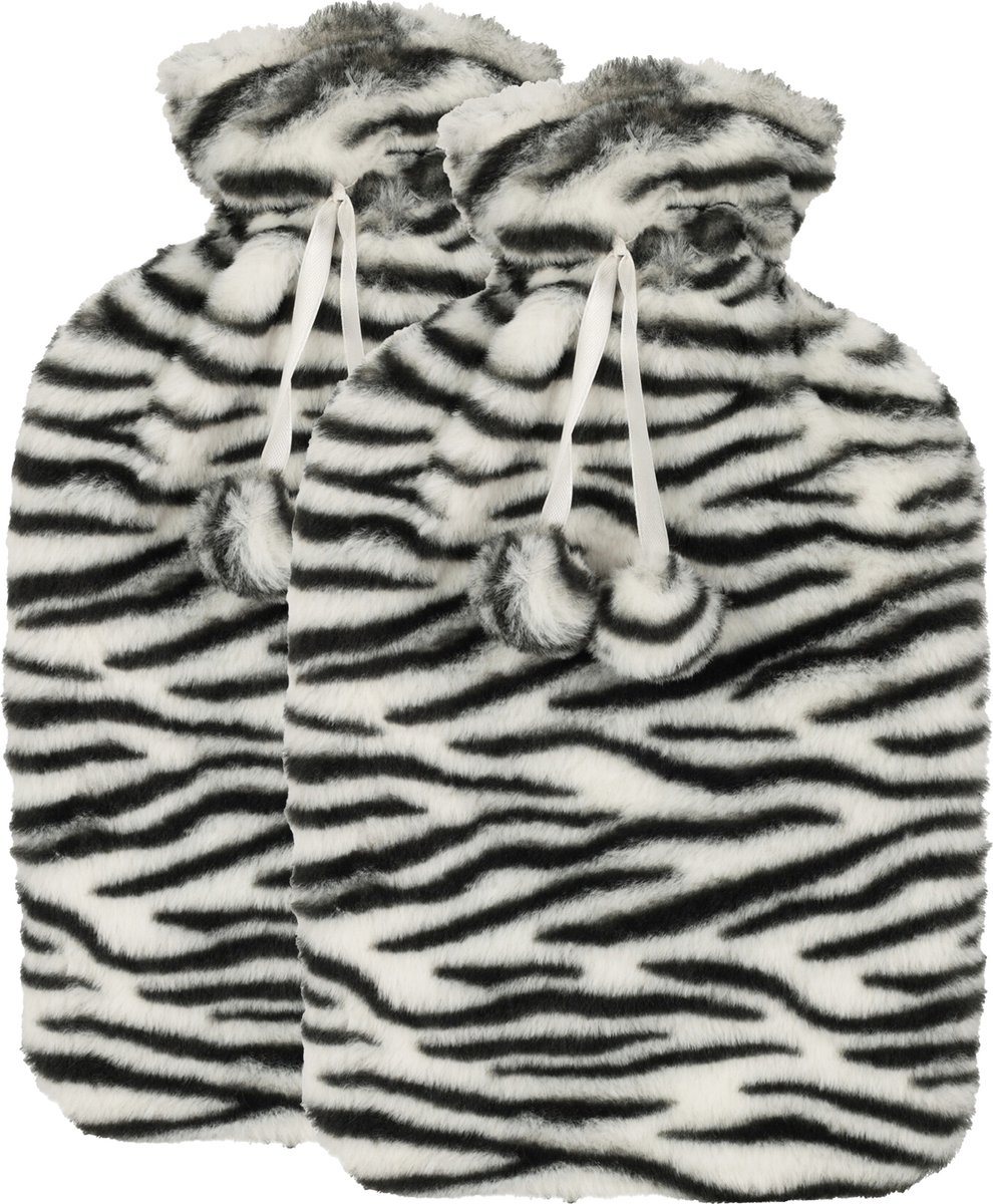 Goedkoopste H&S Collection Warmwaterkruik - 2x - met zachte dierenprint hoes - wit/zwart - 1,75L - kruik