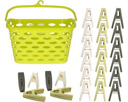 Wasknijpers ophangmandje met haak - groen - en 80x gekleurde wasknijpers van 6 cm - was ophangen