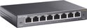 Zwarte TP-Link 8-poorts Gigabit Easy Smart Switch met 8 Ethernet-poorten, groene "Power"-indicator en "Reset"-knop.