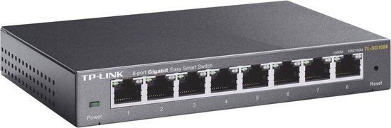 Zwarte TP-Link 8-poorts Gigabit Easy Smart Switch met 8 Ethernet-poorten, groene "Power"-indicator en "Reset"-knop.