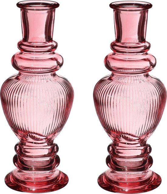 Kaarsen kandelaar Venice - 2x - gekleurd glas - ribbel roze - D5,7 x H15 cm