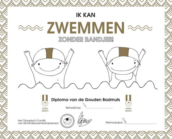Ik kan zwemmen zonder bandjes! Diploma van de Gouden Badmuts met twee lachende kinderen met zwembrillen.