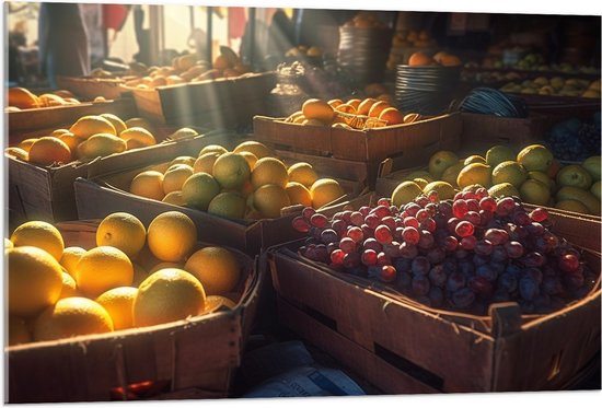 Acrylglas - Markt - Groente - Fruit - Kratten - 105x70 cm Foto op Acrylglas (Met Ophangsysteem)