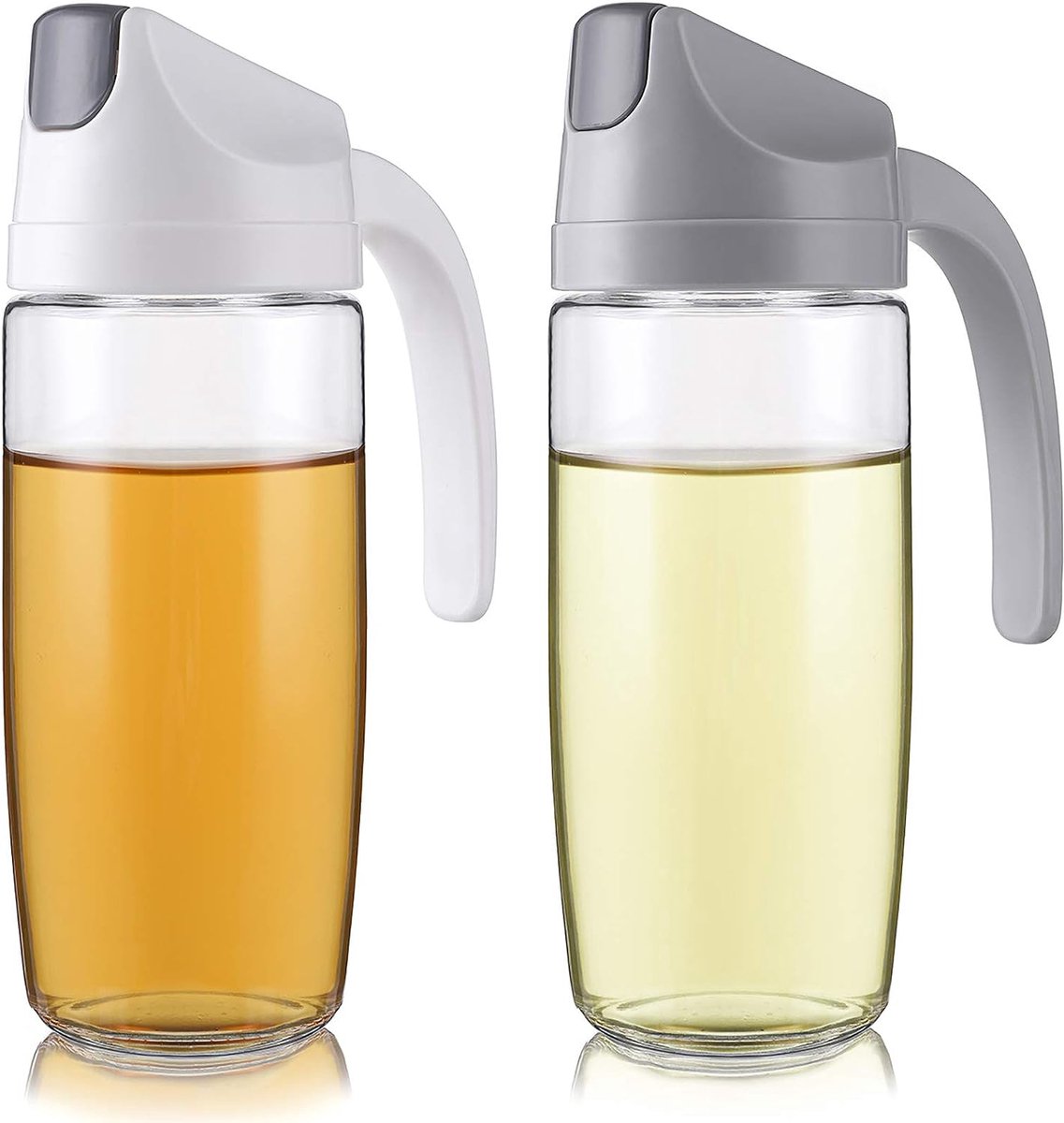 Set van 2 Auto Flip-olieflessen van 600 ml, azijnoliefles met automatische dop en stop, olijfoliefles glazen oliedispenser voor olie, azijn, barbecue, wit en grijs