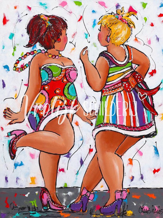 2 Dansende dikke dames | Vrolijk Schilderij | 80x60cm | Dikte 2 cm | Canvas schilderijen woonkamer | Wanddecoratie | Schilderij op canvas | Kunst | Corrie Leushuis
