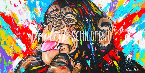 De maffe aap | Vrolijk Schilderij | 100x50cm | Dikte 2 cm | Canvas schilderijen woonkamer | Wanddecoratie | Schilderij op canvas | Kunst | Corrie Leushuis