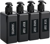 Square Lotion Dispenser, 280 ml, zwarte zeepdispenserset met handgeschreven labels voor shampoo, douchegel, zeep, vloeibare zeep, hervulbare plastic pompflessen voor keuken, badkamer, 4 stuks