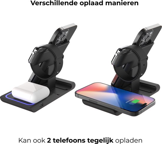Innova® 3-in-1 Draadloze Oplader (15W snellader) - Opvouwbaar - Geschikt voor Apple Watch/Oortjes/Smartphones met draadloze oplaadfunctie - Geschikt voor telefoons - Draadloos Qi Station - GSM Lader - Oplaadstation