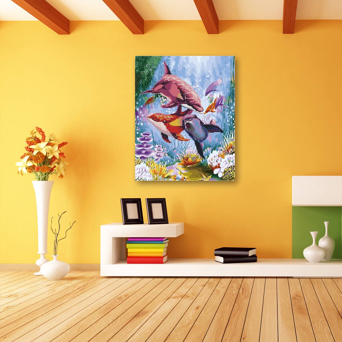 Schilderen Op Nummer Volwassenen DIY Hybrid Paint By Number Diamond Painting - Compleet Hobby Pakket op Frame met Vernis - ®Arty Bee - Dolfijnen Feest - 40x50cm — afbeelding 3