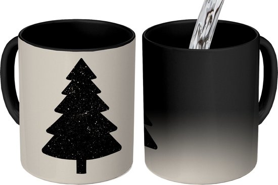 Magische Mok - Foto op Warmte Mokken - Koffiemok - Kerstboom - Zwart - Feestdagen - Beige - Magic Mok - Beker - 350 ML - Theemok - Kerstmok - Kerstkadootjes - Kerstkado vrouw en man - Kerstcadeautjes klein - Kerstbeker