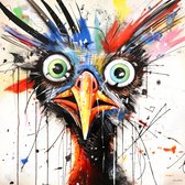 JJ-Art (Aluminium) 80x80 | Gekke vogel, abstract, kleurrijk, kunst | dier, kip, ogen, blauw, rood, groen, oranje, vierkant, modern | foto-schilderij op dibond, metaal wanddecoratie