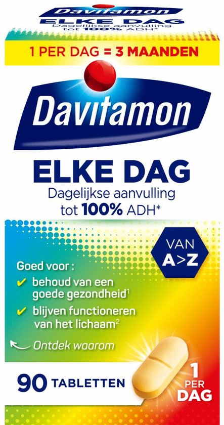 Davitamon Elke Dag 90 tabletten. Verpakking met "ELKE DAG Dagelijkse aanvulling tot 100% ADH*" en "VAN A>Z".