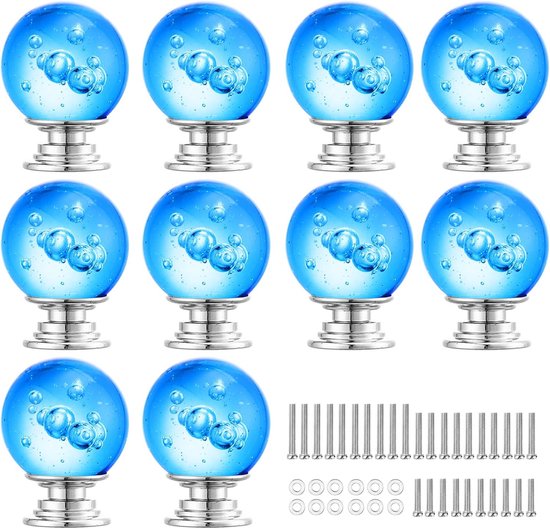 Boutons de tiroir en verre cristal clair avec boule à bulles poignées de porte de placard boutons de placard de cuisine poignée de traction 10 pièces (bleu)