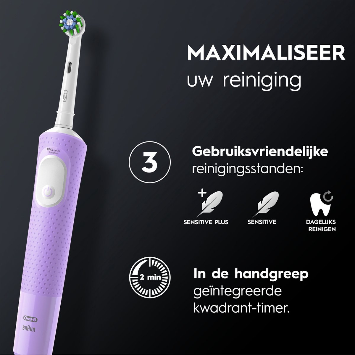 Afbeelding 3 van Oral-B Vitality Pro - Paars - Elektrische Tandenborstel - Ontworpen door Braun