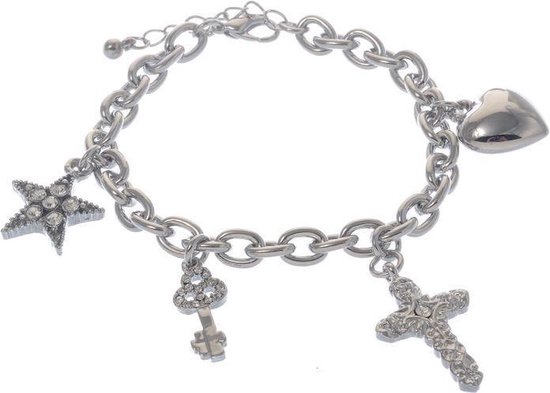 Behave Zilverkleurige bedel armband met ster, hart, kruis en sleutel