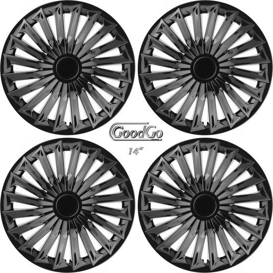 GoodGo Wieldoppen JOY-BK 14 inch glanzend zwart. Set a 4 stuks (CONTROLEER UW BANDENMAAT en lees a.u.b. de onderstaande, uitgebreide tekst!)