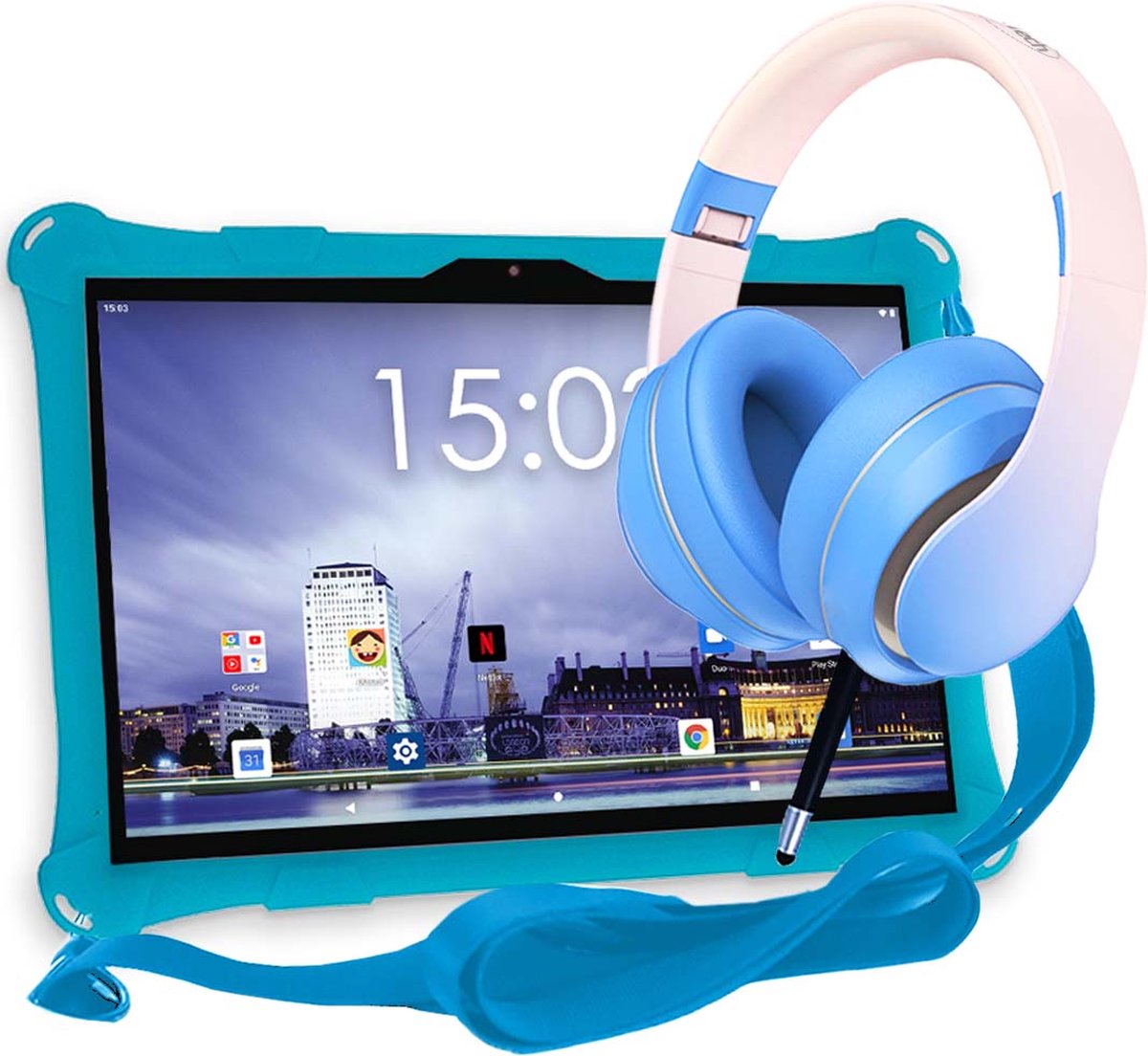 AngelTech Kinderpakket XL - Kindertablet XL + Kinderkoptelefoon - Combipakket - Blauw