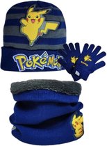 Pokémon Pikachu Kinder Winter Set: Sjaal, Muts en Handschoenen - Blauw - beige