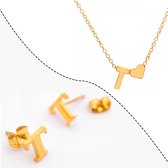 Initiaal Ketting & Oorbellen set met Letter T Goudkleurig - Met letter & Hartje! - Naam Ketting Cadeau - Roestvrij Stalen Ketting op Kaartje - Pax Amare