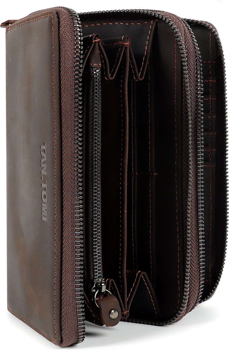 TAN.TOMI - Leren Portemonnee Heren - Pasjeshouder Mannen - Portefeuille Jongens - Portefeuille met rits - Clutch - RFID Beveiligd - Echt lederen Billfold - Donkerbruin