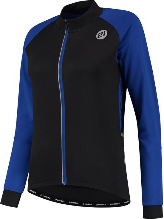 Zij aanzicht van een zwart en blauw fietsshirt met lange mouwen en een rits.