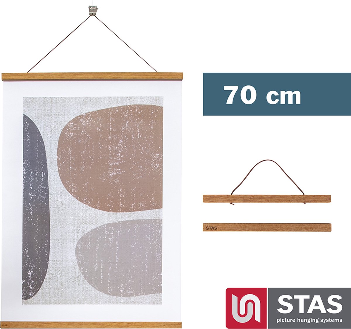 STAS picture hanging systems STAS Posterhanger 70 cm - Hout - Teak - Magnetisch poster ophangsysteem - Posterlijst - Posterklem - Posterhouder