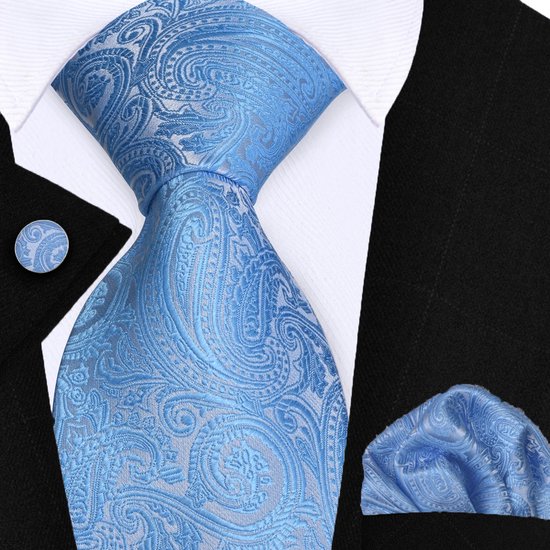 Cravate Sorprese avec pochette de costume et Boutons de manchette - Paisley Bleu clair - 8 cm - 100% Soie - Pochette - Noël