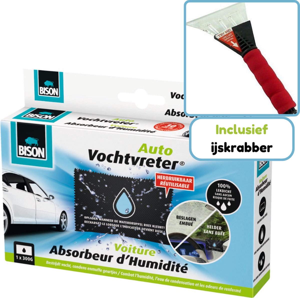 Bol.com Bison Auto Vochtvreter - Auto Ontvochtiger - Herbruikbaar - 300 gram - Inclusief ijskrabber aanbieding