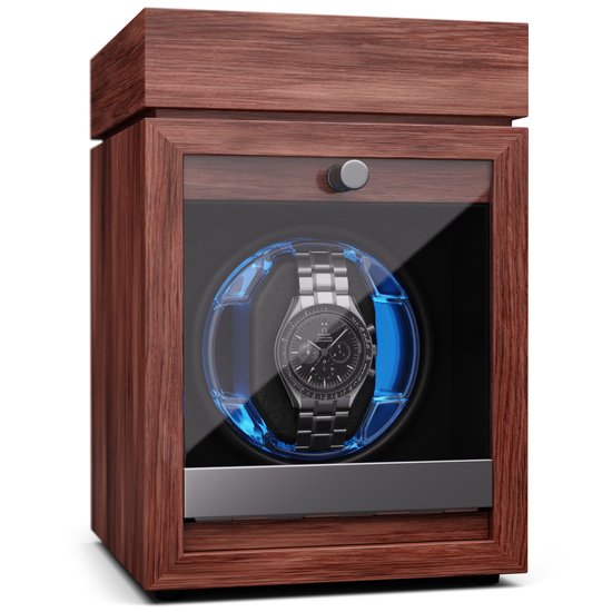 Brienz 1 watchwinder, 1 horloge, 4 modi, houten look, blauwe binnenverlichting