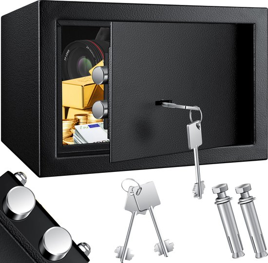 KESSER® Coffre-fort avec serrure à clé - Coffre-fort mural mécanique 30x20x20cm Safe - Travail avec 2 clés et vis de fixation - Zwart