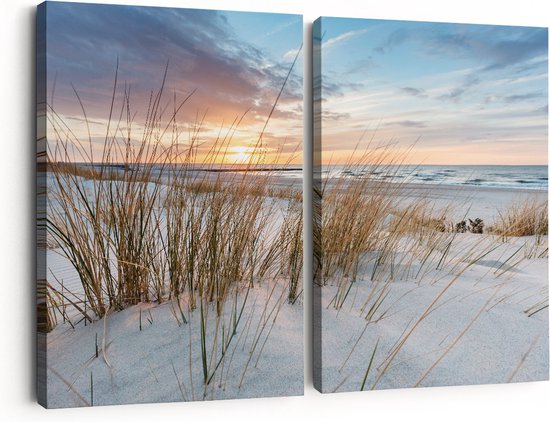 Artaza Canvas Schilderij Tweeluik Strand en Zee vanuit Duinen - 120x80 - Foto Op Canvas - Canvas Print