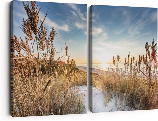 Artaza Canvas Schilderij Tweeluik Strand en Zee vanuit Duinen met Zonsondergang - 180x120 - Groot - Foto Op Canvas - Canvas Print