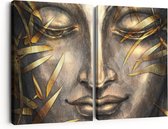 Artaza Canvas Schilderij Tweeluik Boeddha Beeld Met Gouden Bladeren - 180x120 - Groot - Foto Op Canvas - Canvas Print