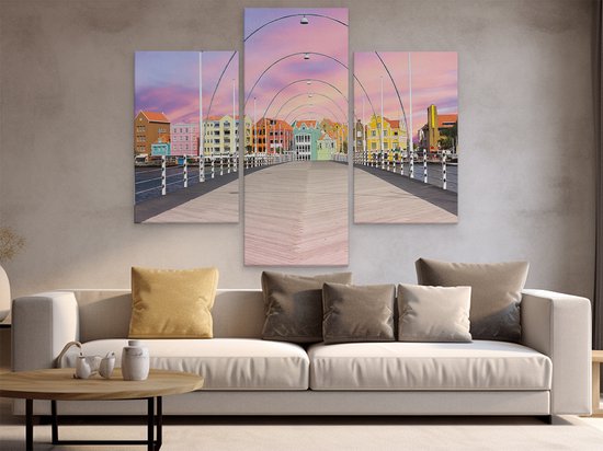 Artaza Peinture sur toile Triptyque Maisons colorées de Willemstad à Curaçao - 150x120 - Groot - Photo sur toile - Impression sur toile