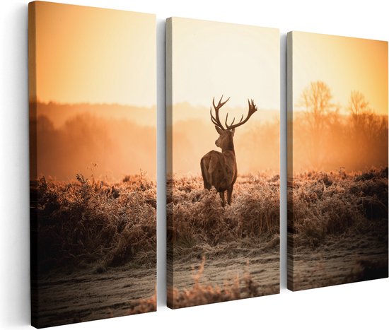 Artaza Canvas Schilderij Drieluik Hert In De Wei Tijdens De Zonsopkomst - 60x40 - Klein - Foto Op Canvas - Canvas Print