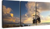 Artaza Canvas Schilderij Drieluik Piratenschip aan de Kust bij Zonsondergang - 90x40 - Foto Op Canvas - Canvas Print