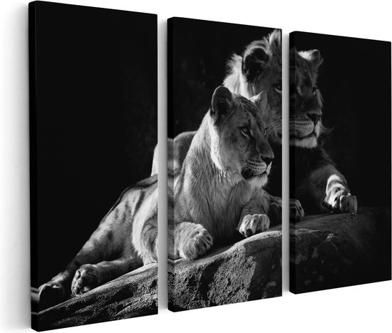 Artaza Canvas Schilderij Drieluik Leeuw en Leeuwin zitten naast elkaar - Zwart Wit - 180x120 - Groot - Foto Op Canvas - Canvas Print