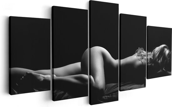 Artaza Canvas Schilderij Vijfluik Vrouw Naakt in Bed - Erotiek - Zwart Wit - 200x100 - Groot - Foto Op Canvas - Canvas Print