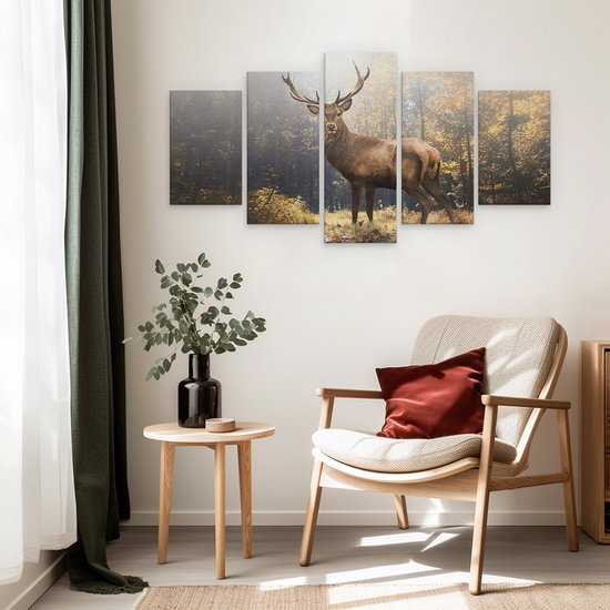 Artaza Peinture sur toile Pentaptyque Cerf debout dans une forêt d'automne - 100x50 - Photo sur toile - Impression sur toile